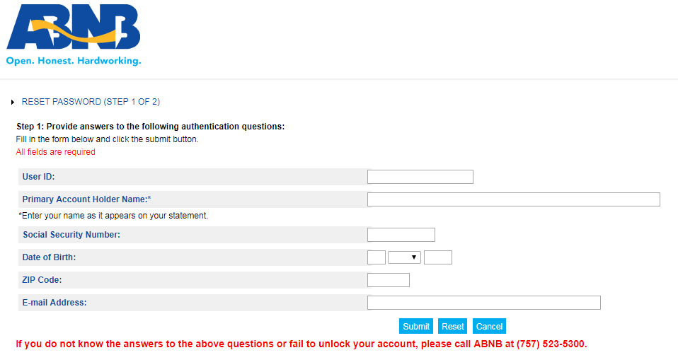 ABNB Visa Platinum Credit Card Login password forgot