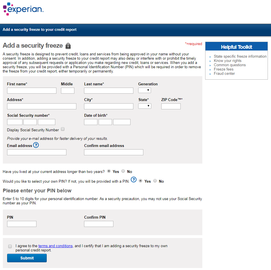 Security Freeze Center at Experian - APLLICATION