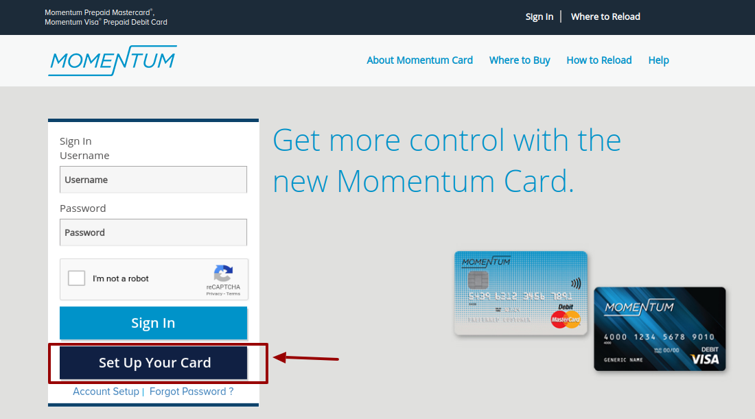 Momentum Prepaid Card Set up
