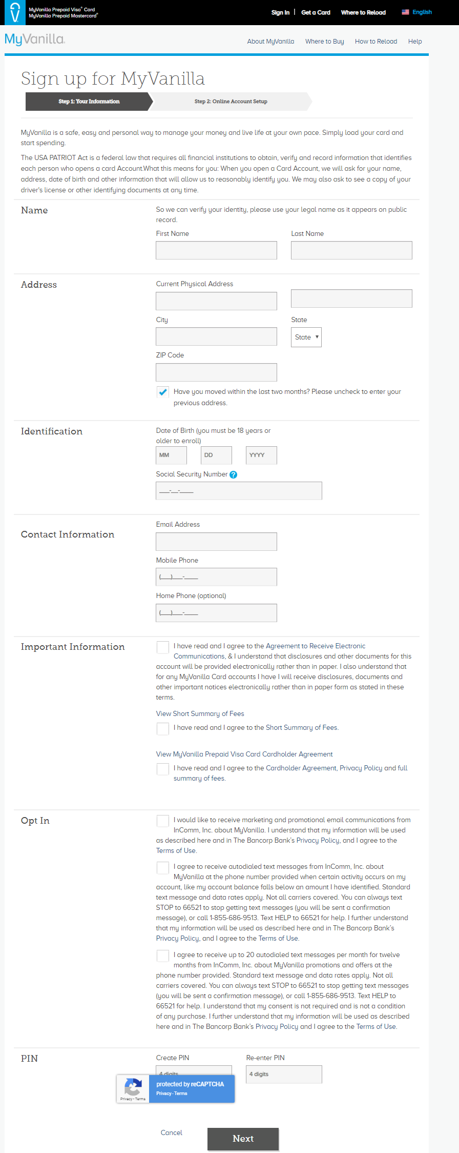 Apply for MyVanilla card