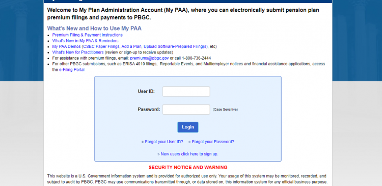 My PAA Login at E-GOV PBGC