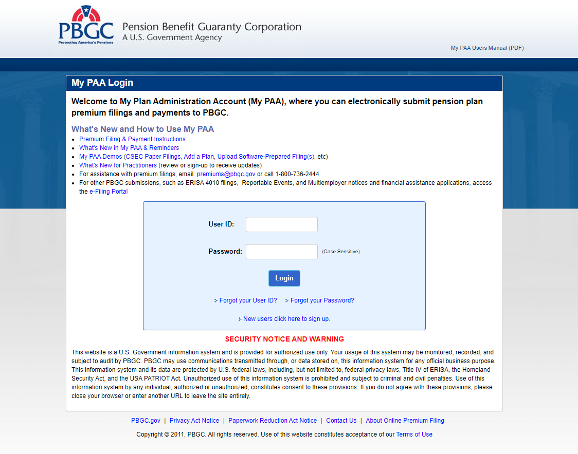 My PAA Login at E-GOV PBGC