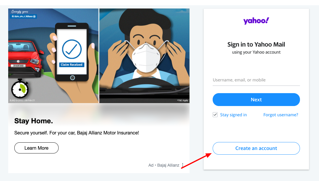 yahoo mail create account