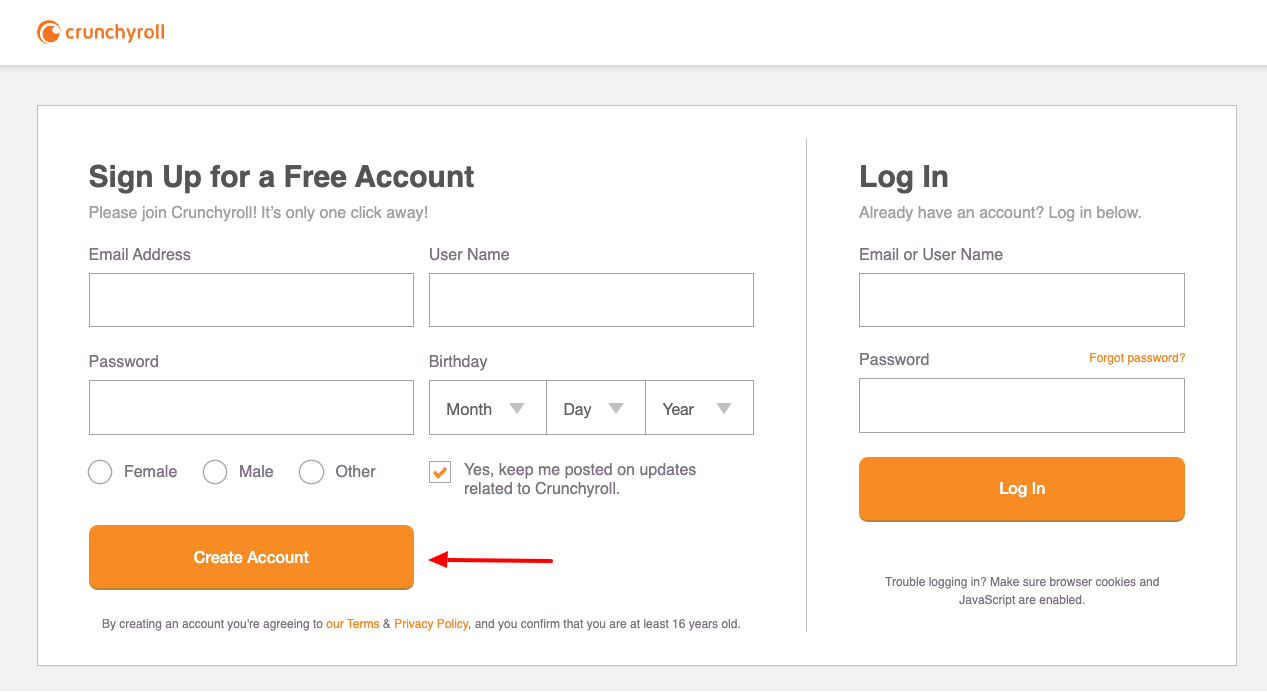 crunchyroll create account