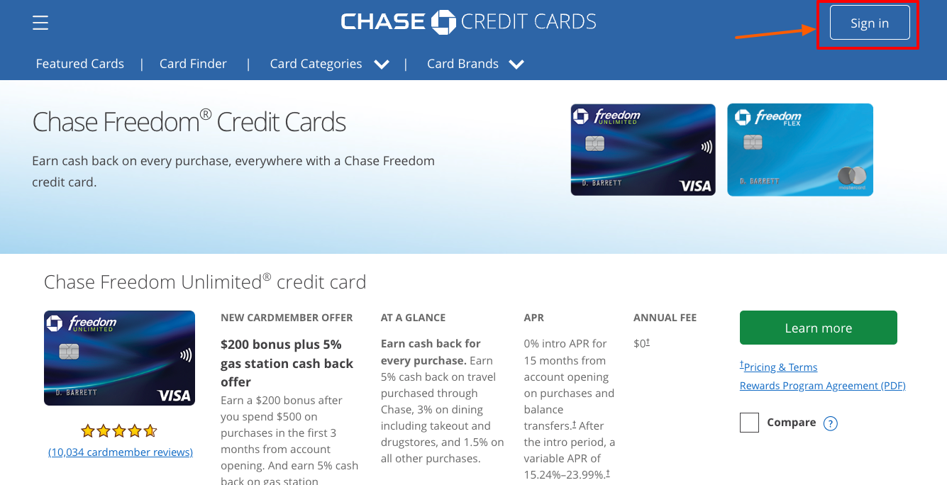 chase slate credit card login page