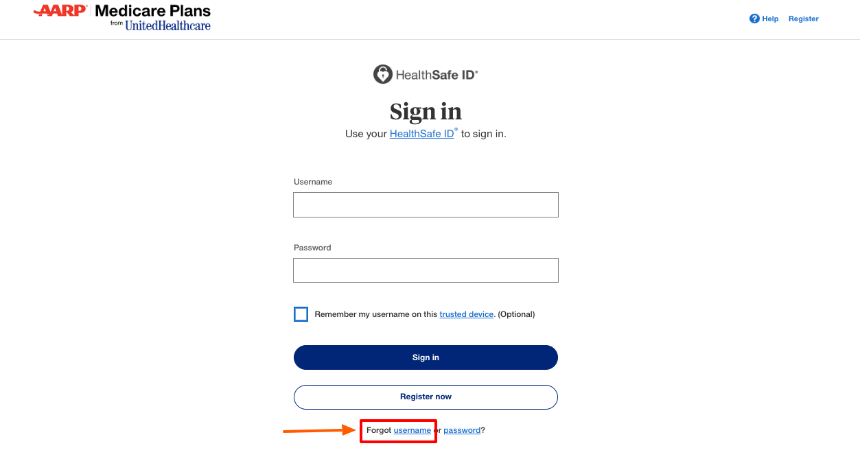 my aarp medicare forogot username page