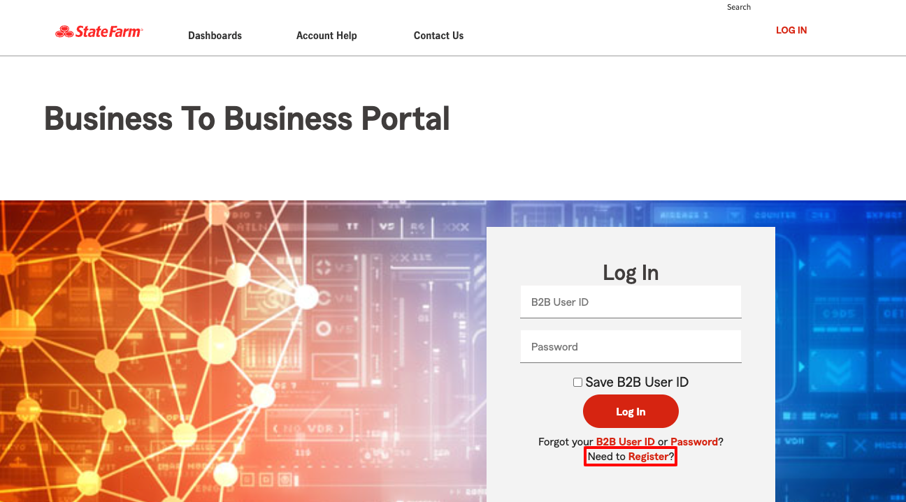 state farm b2b register page